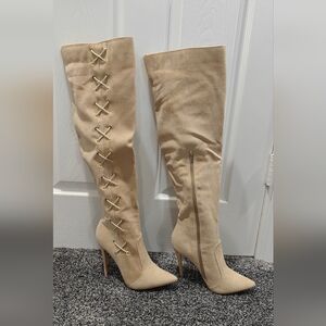 Shoe Republica Elegant Beige Suede Knee-High Boots, Size 9, Worn Once